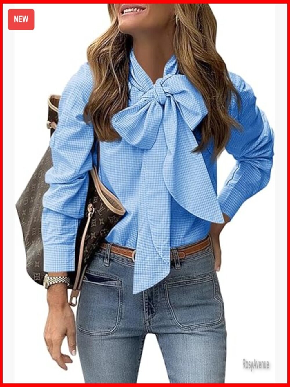 Plaid Button Down Shirt with Bow Tie Neck, Long Sleeve Cotton Blouse